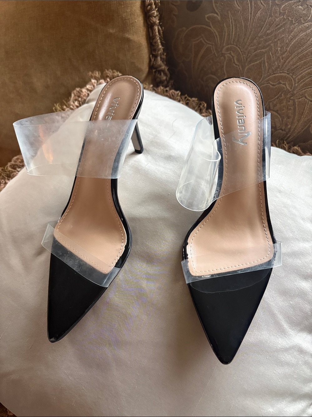 Vivianly Black Pointed Clear-Strap Stiletto Mules